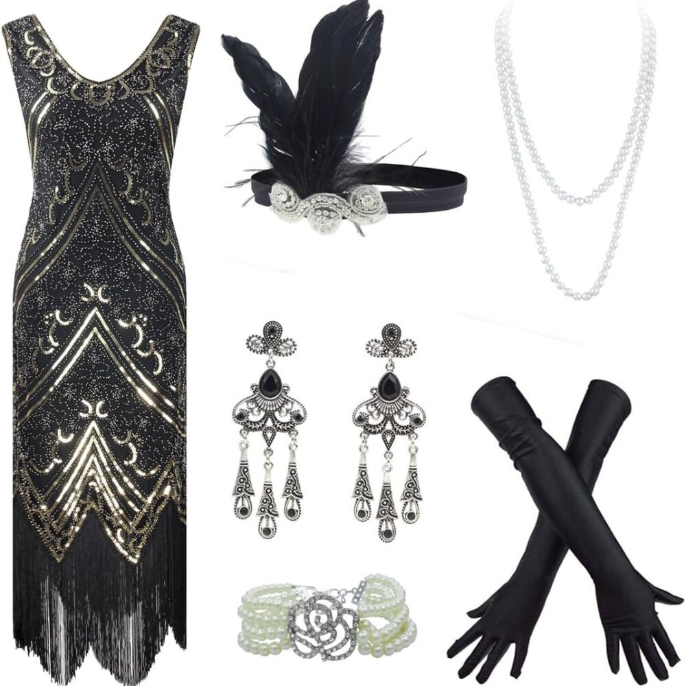 20s Flapper Gatsby Sequin Beaded Evening Cocktail Dress with Accessories Set